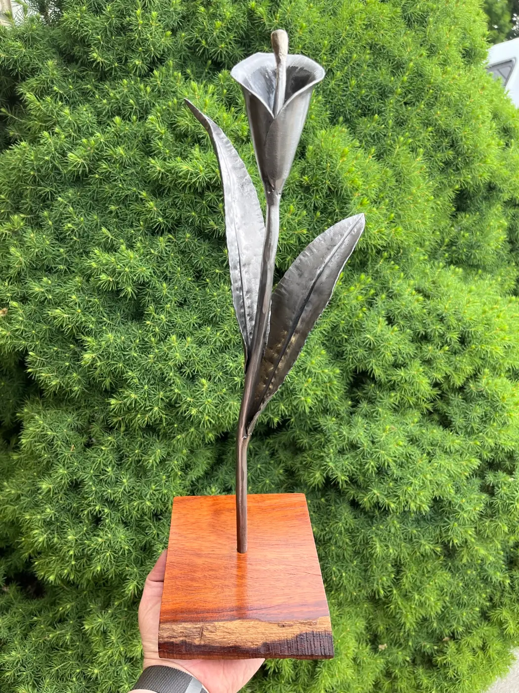 A steel calla lily mounted on a hardwood base