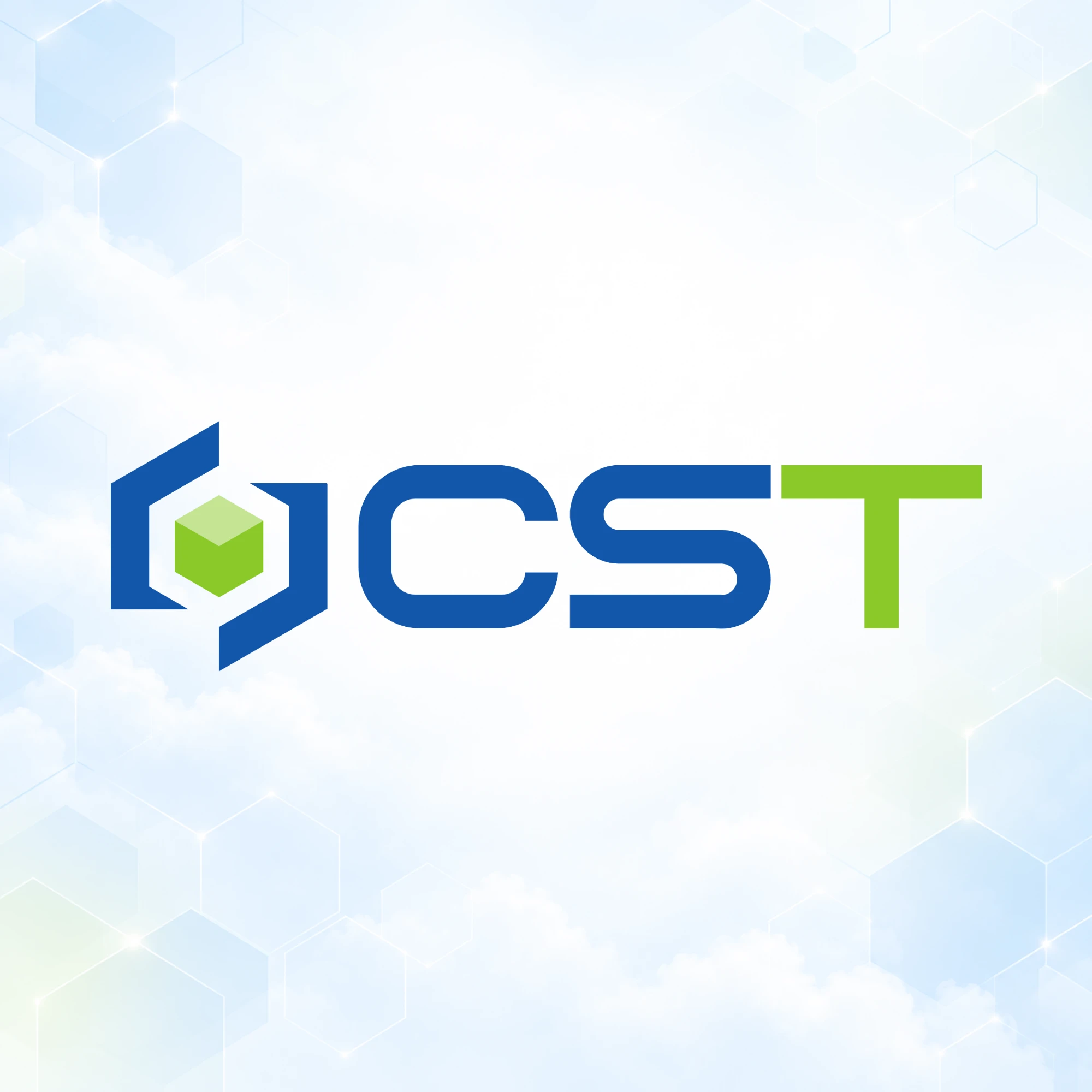 The CST mark: a green cube held inside a blue hexagonal bracket, over a pale sky