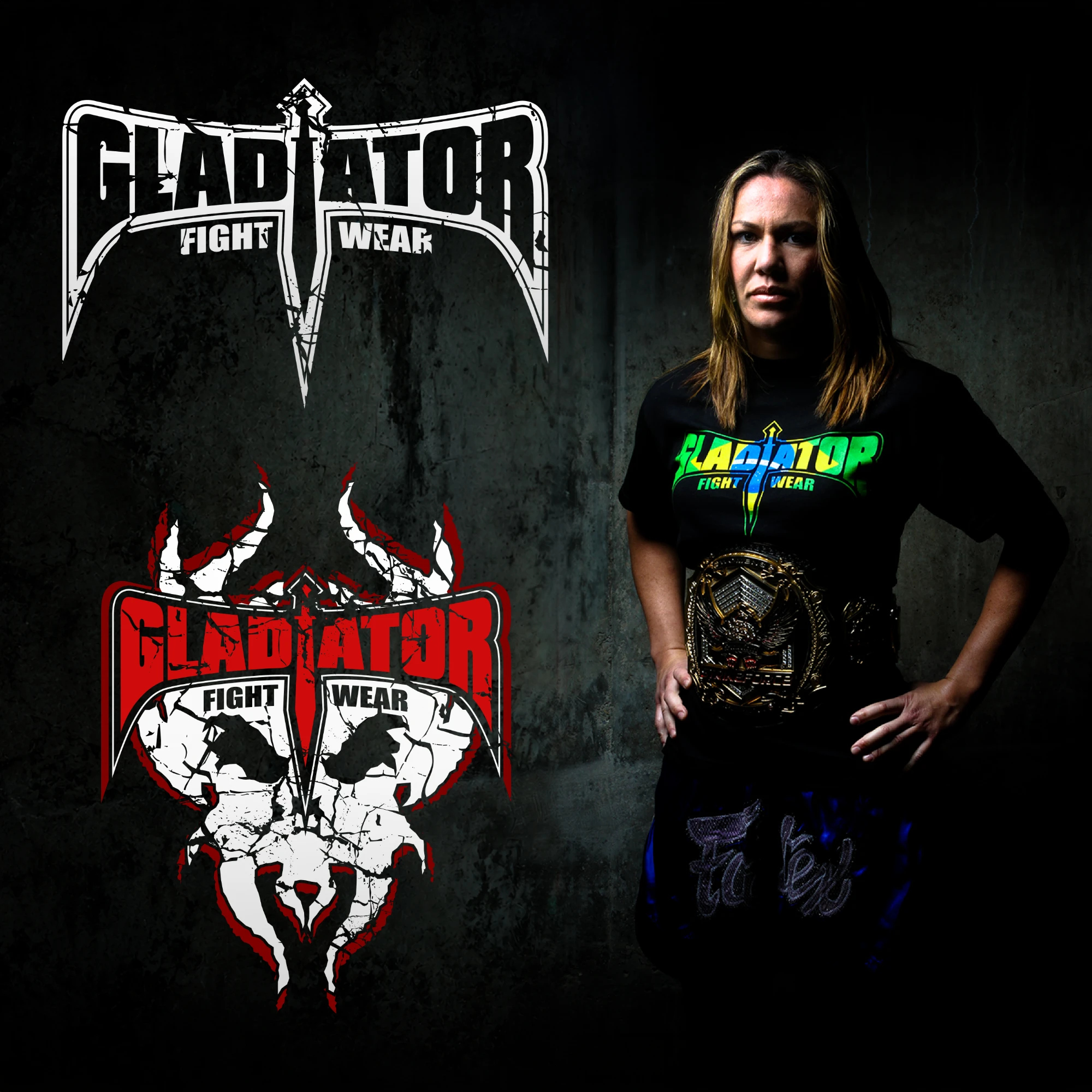 Two Gladiator Fight Wear marks beside a fighter wearing the brand and a title belt
