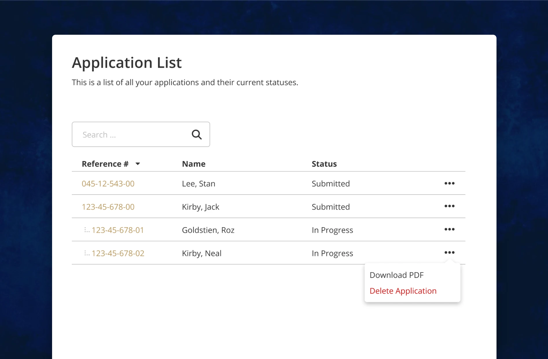 The application list, each row with a reference number, name, and status