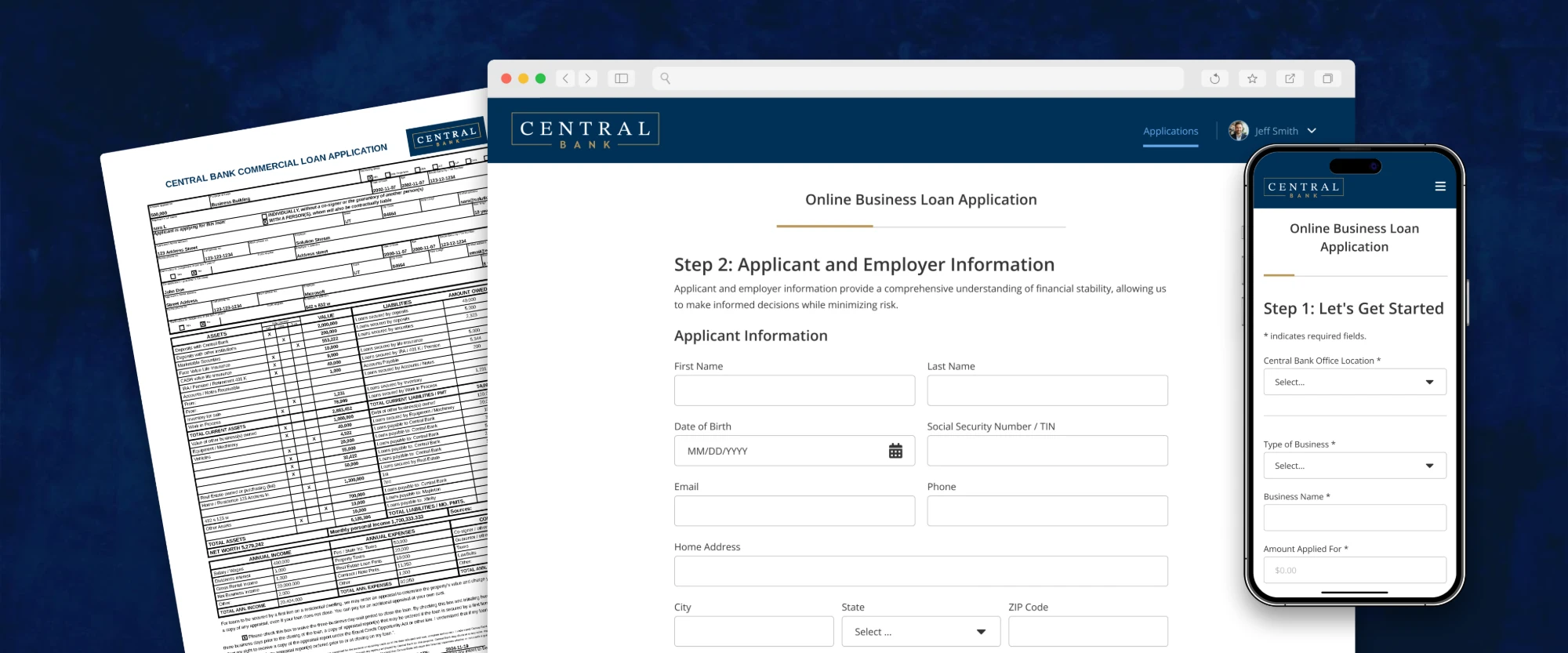 The printed loan application beside the same form on desktop and phone