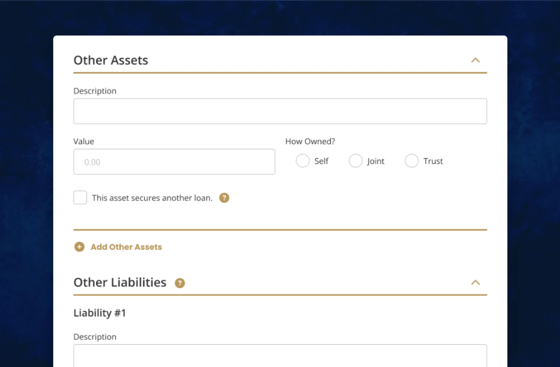 An asset entry with its ownership and a control for adding another