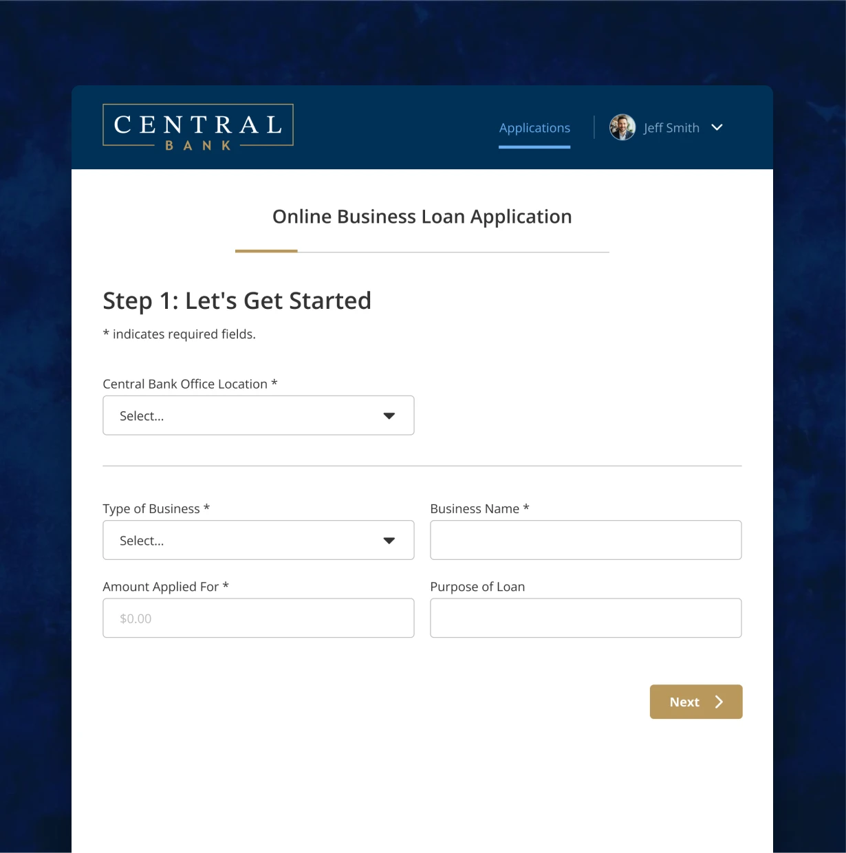 Step one: office location, type of business, and the amount applied for