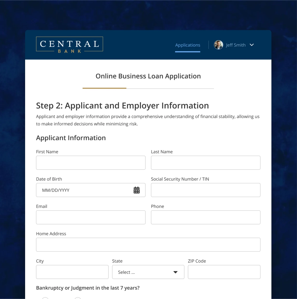Step two: applicant and employer details, down to address and bankruptcy history