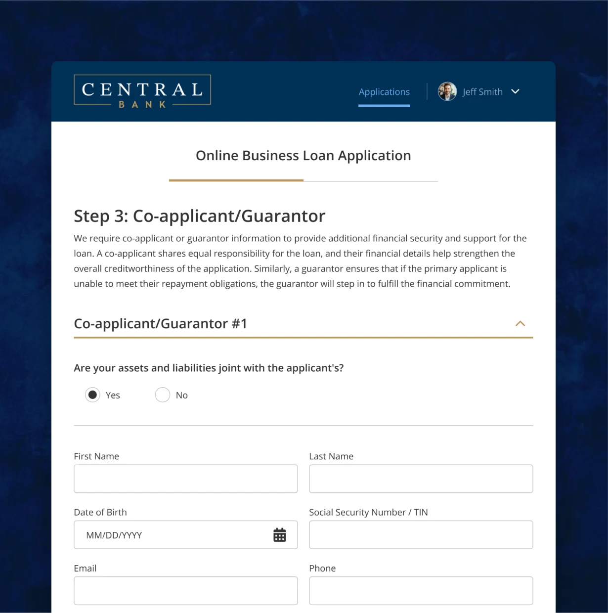 Step three: a co-applicant or guarantor, asked whether their finances are joint