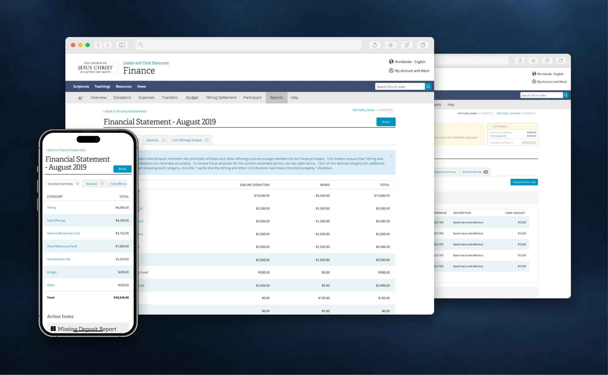 Leader and Clerk Resources: Finance, showing a monthly financial statement