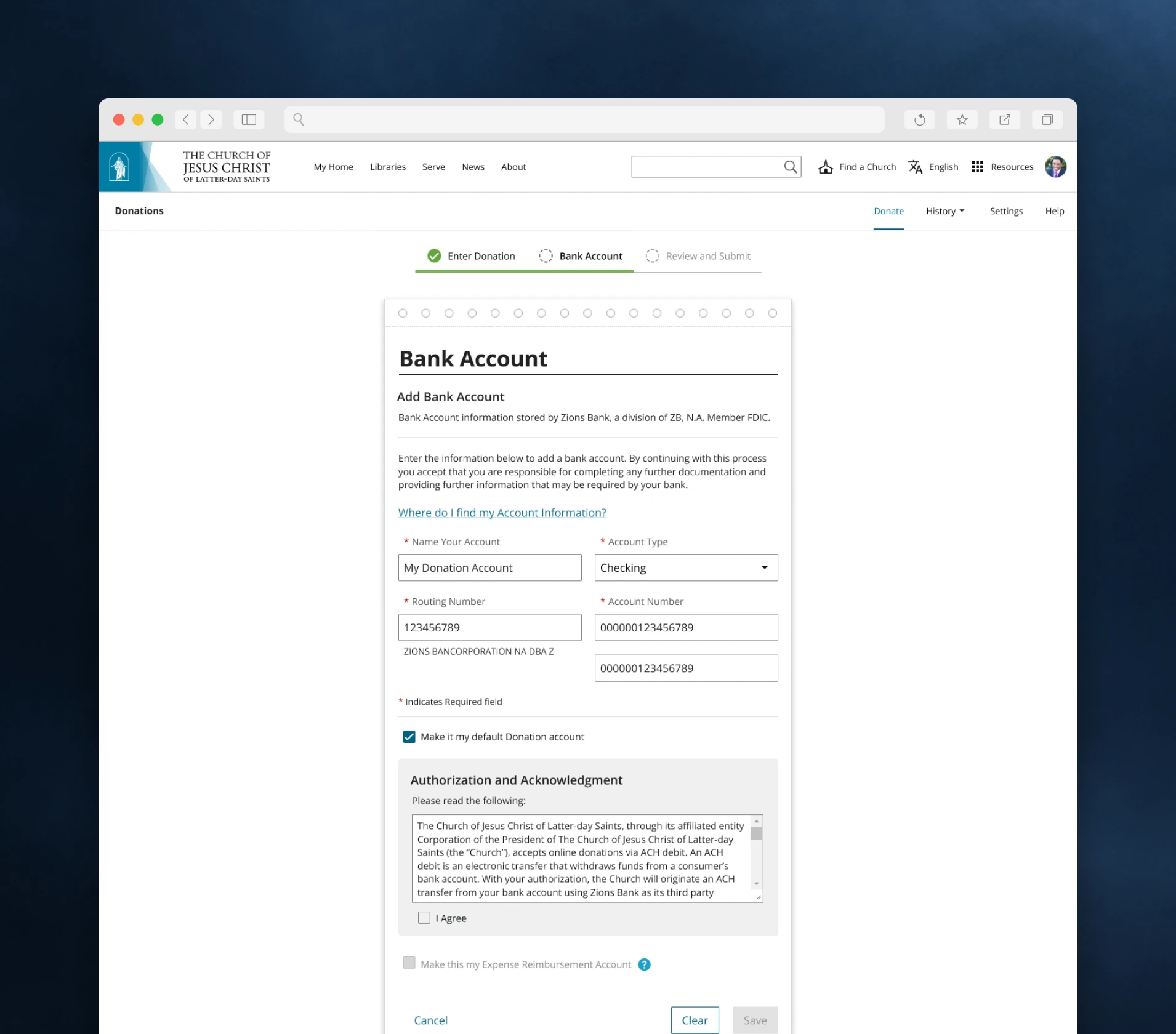 Adding a bank account in Online Donations, with the authorization agreement