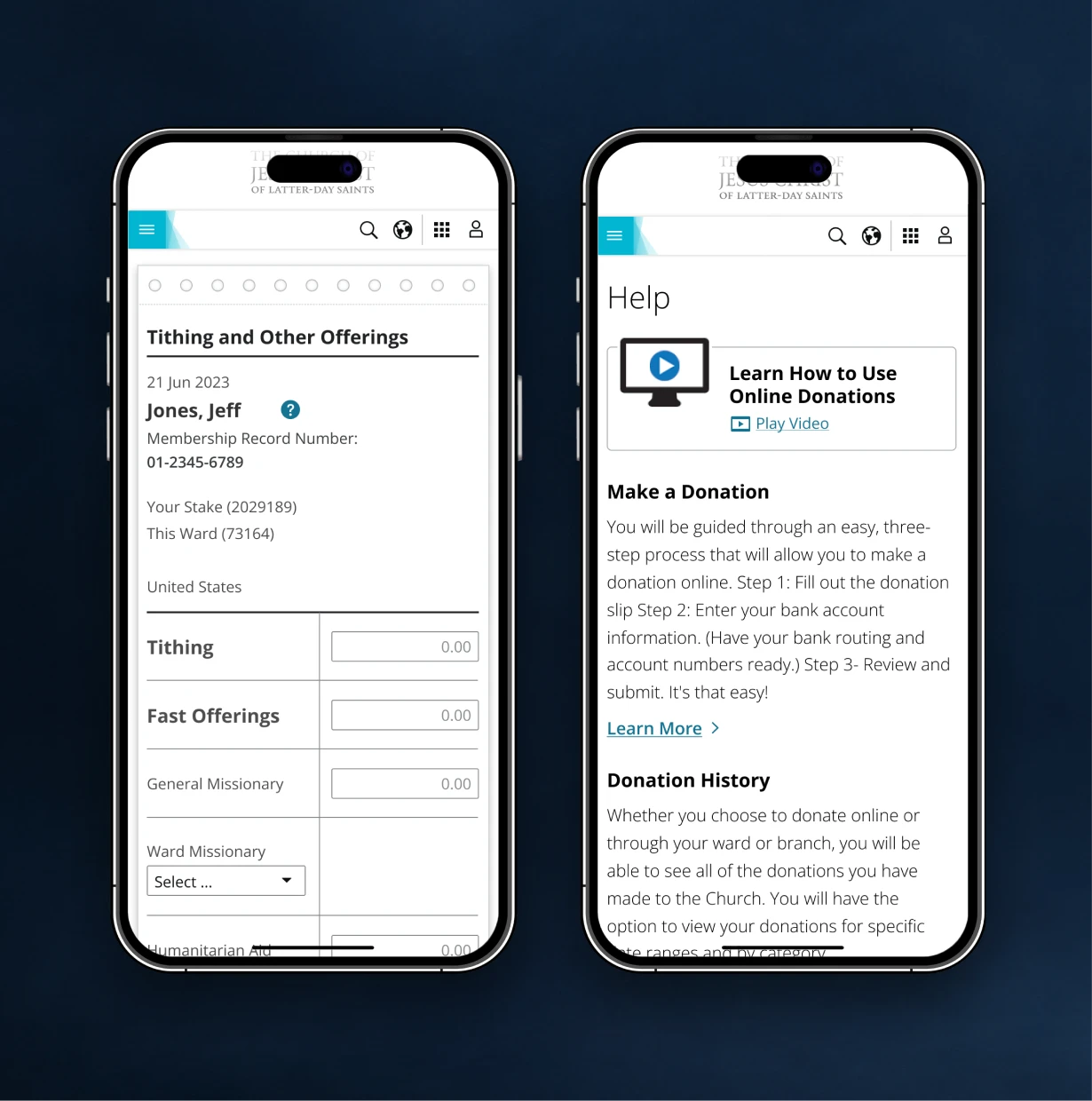 Online Donations and its help screen on mobile