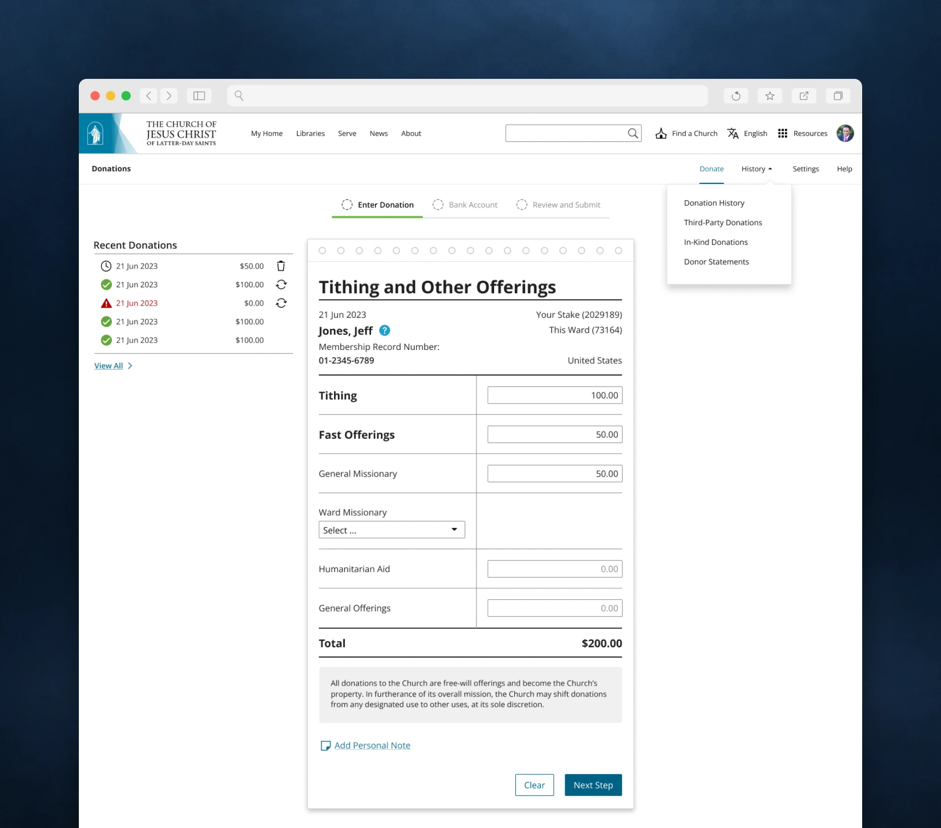 The Online Donations slip, with tithing and offering categories and a running total