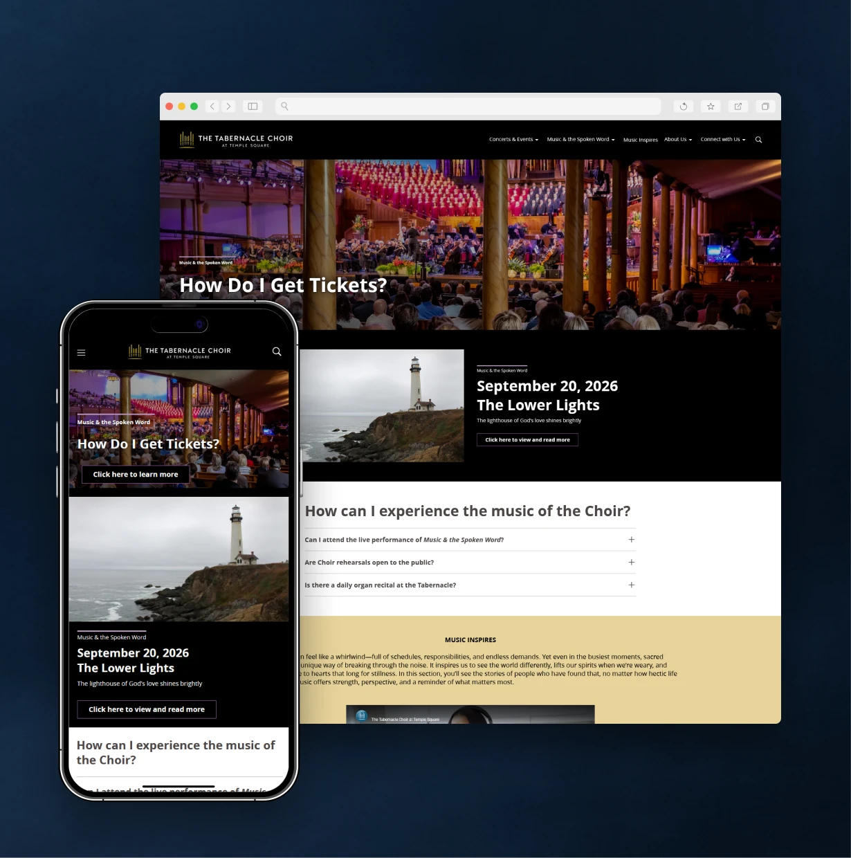 The Tabernacle Choir at Temple Square site on desktop and mobile