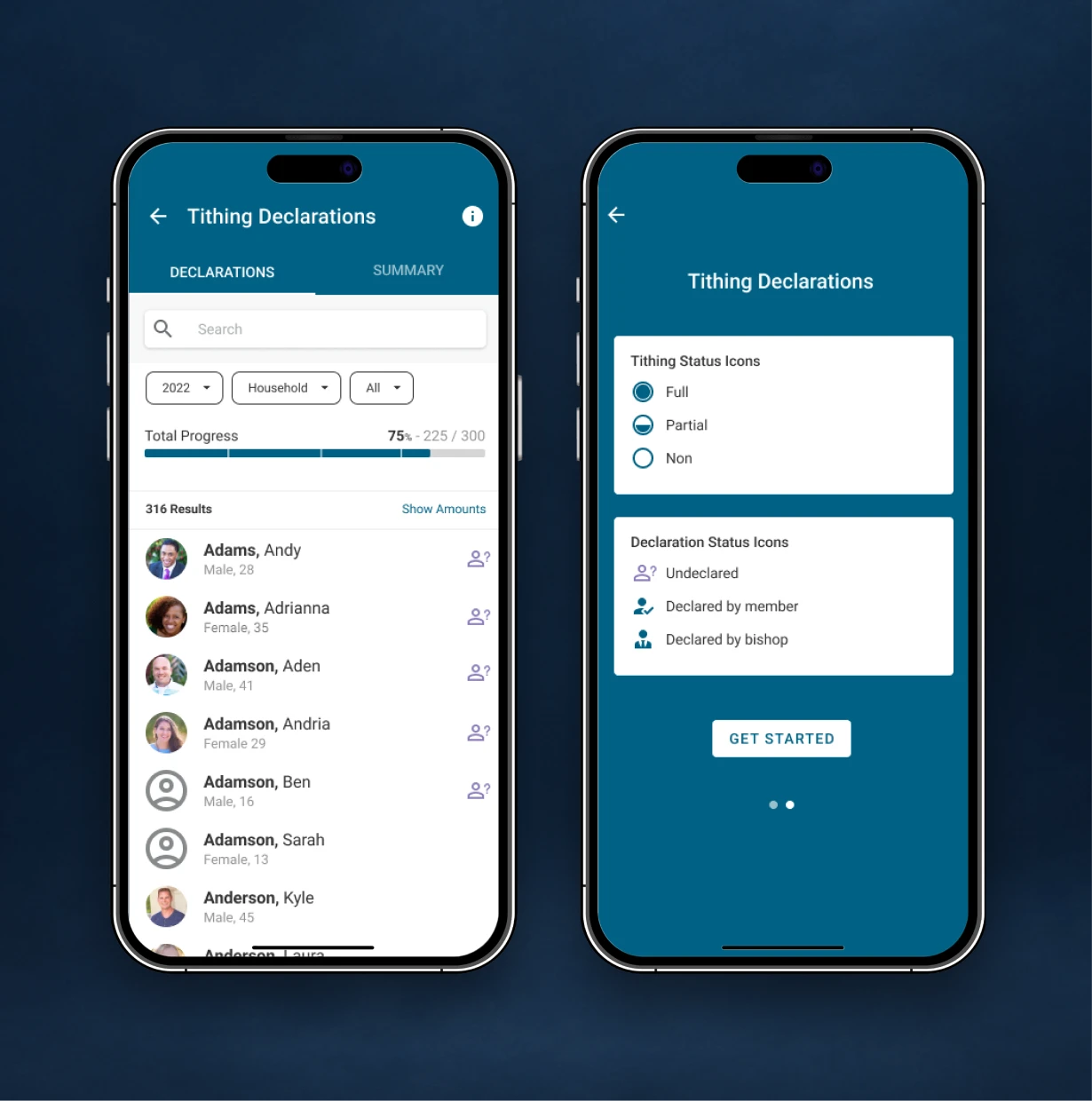 The Tithing Declarations app, listing members and their declaration status