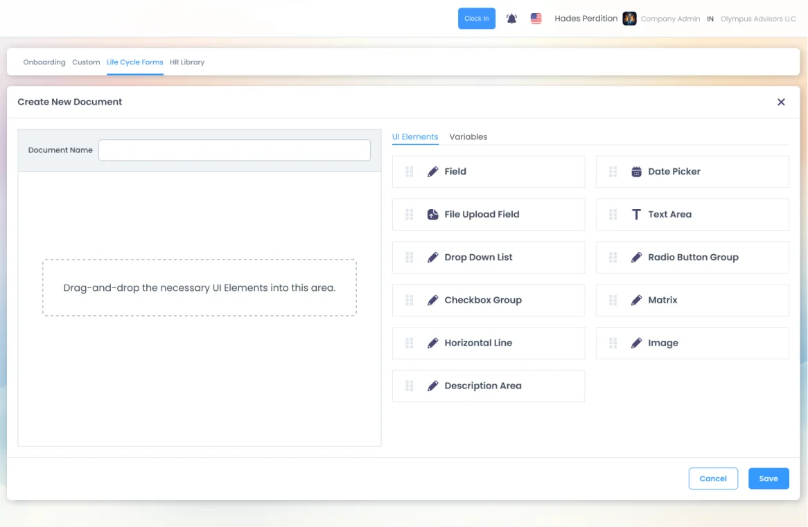 The document builder, with UI elements dragged into a form