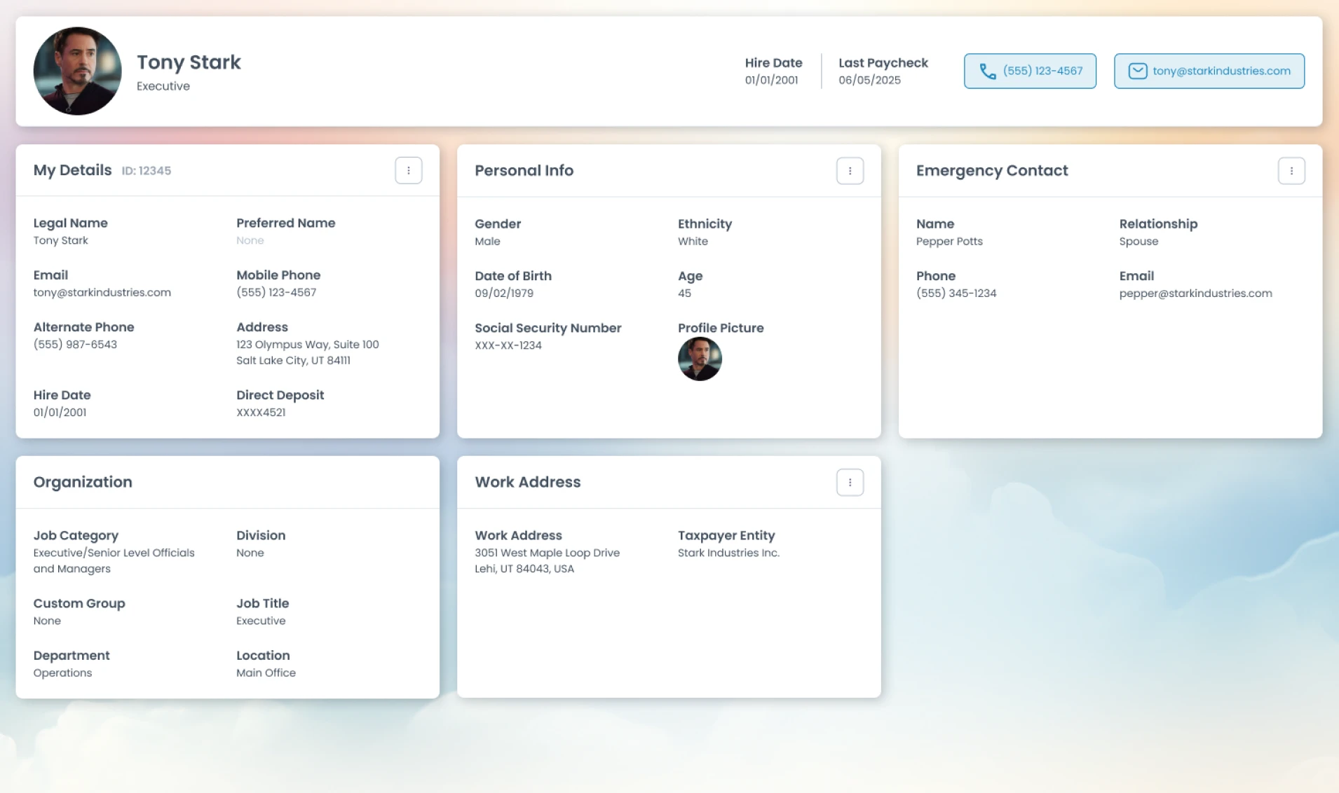 An employee profile, with details, personal information, and emergency contacts in cards