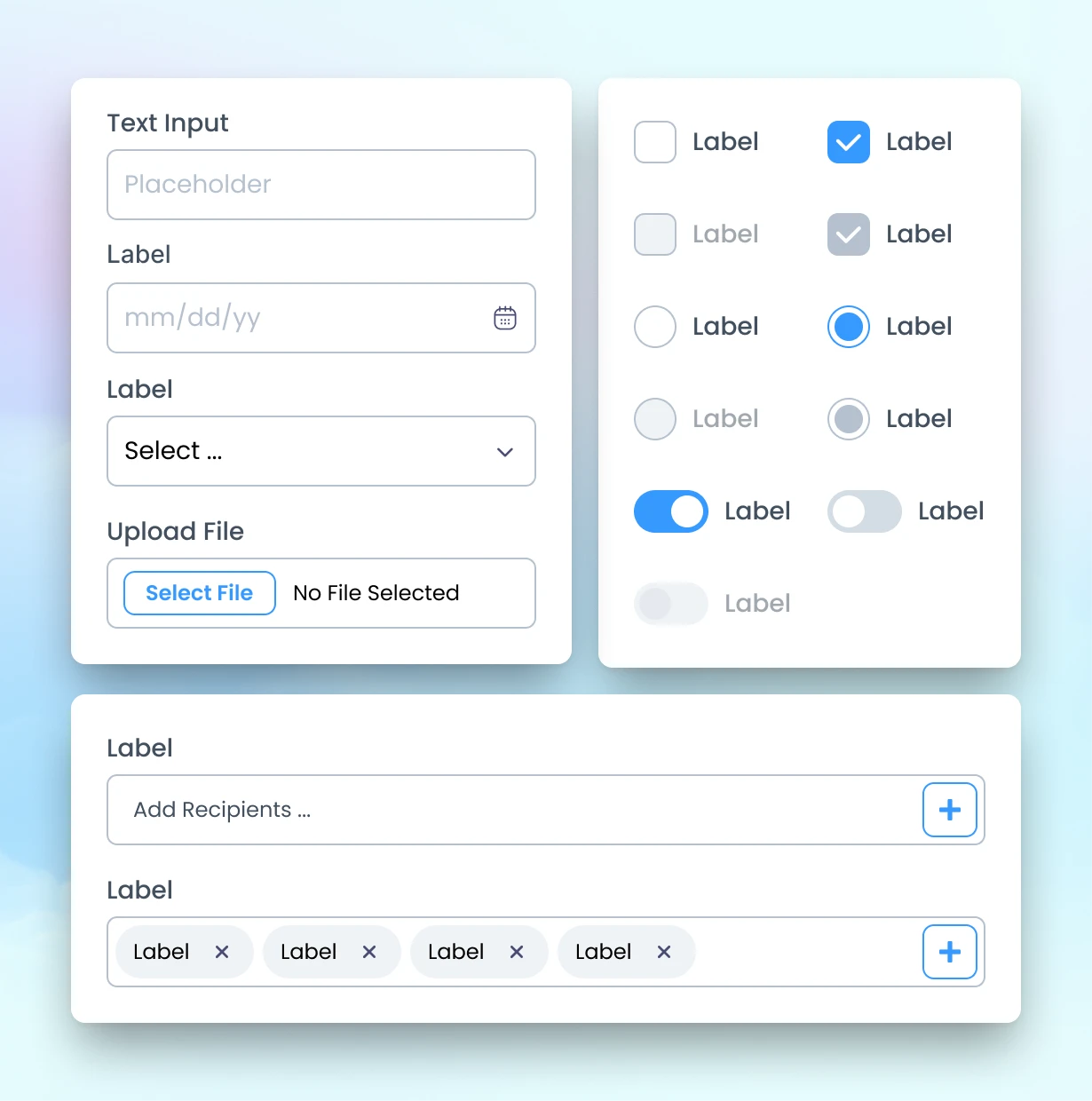 Form components: inputs, selects, checkboxes, radios, toggles, and recipient fields