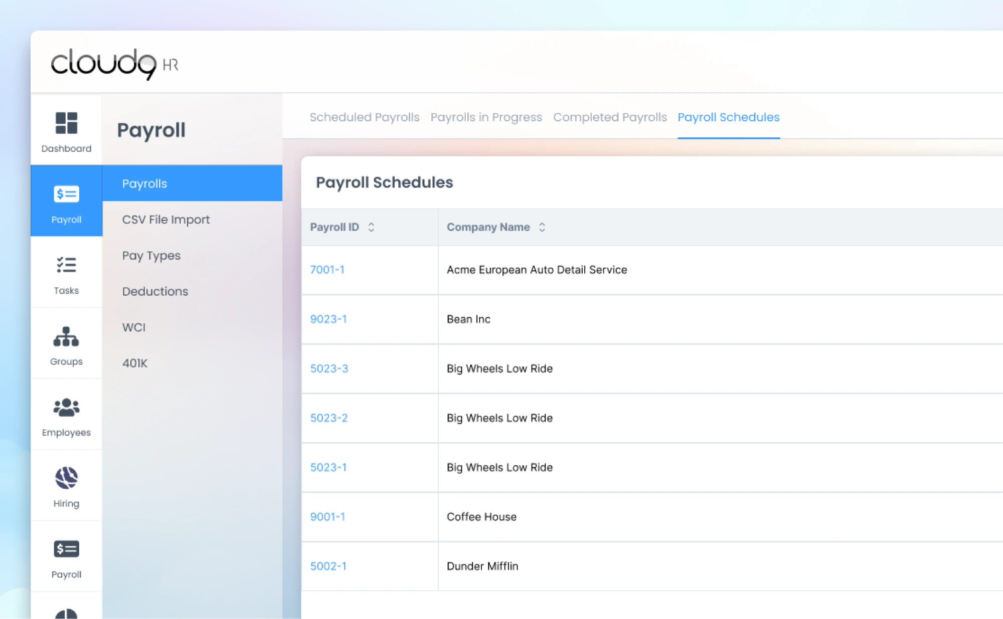 The Payroll Schedules table, with the product rail and its subsections beside it