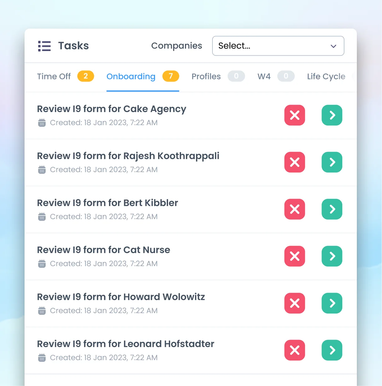 The task list, with counts on each category tab