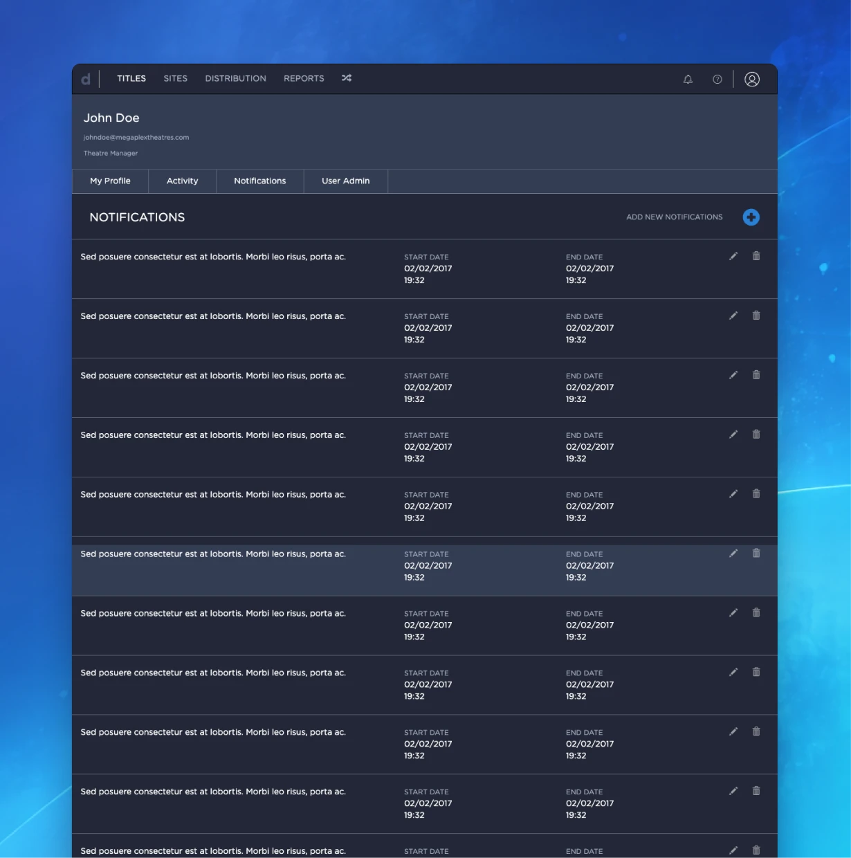The notifications list, each entry with its own start and end date