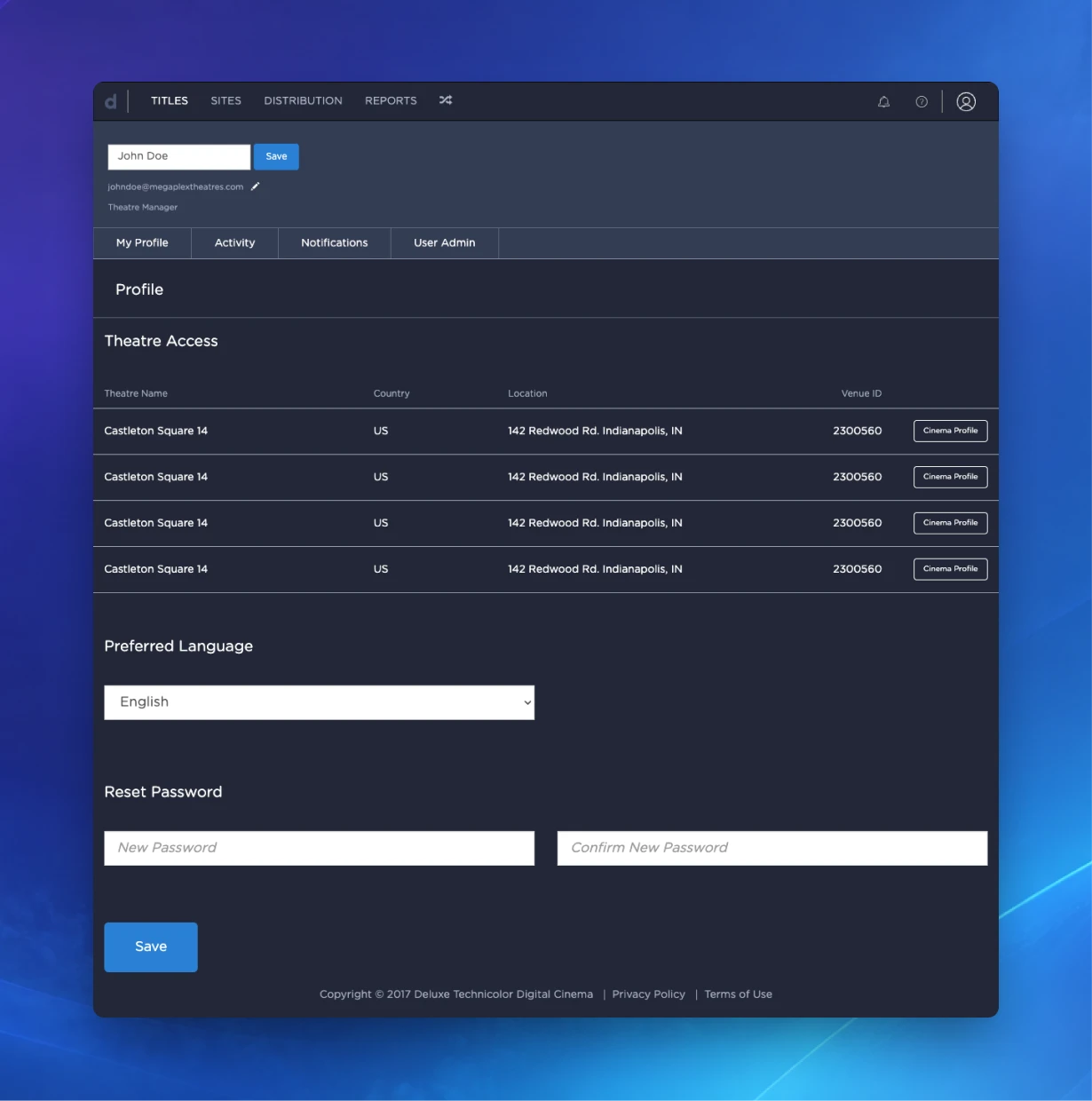 A profile, listing theatre access alongside language and password controls