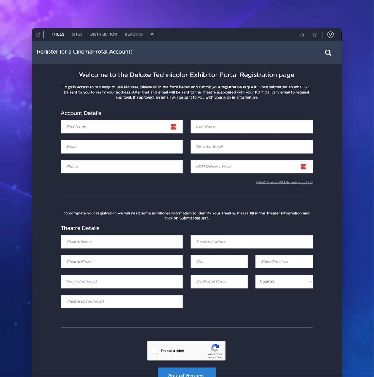The registration page, collecting account details and theatre details