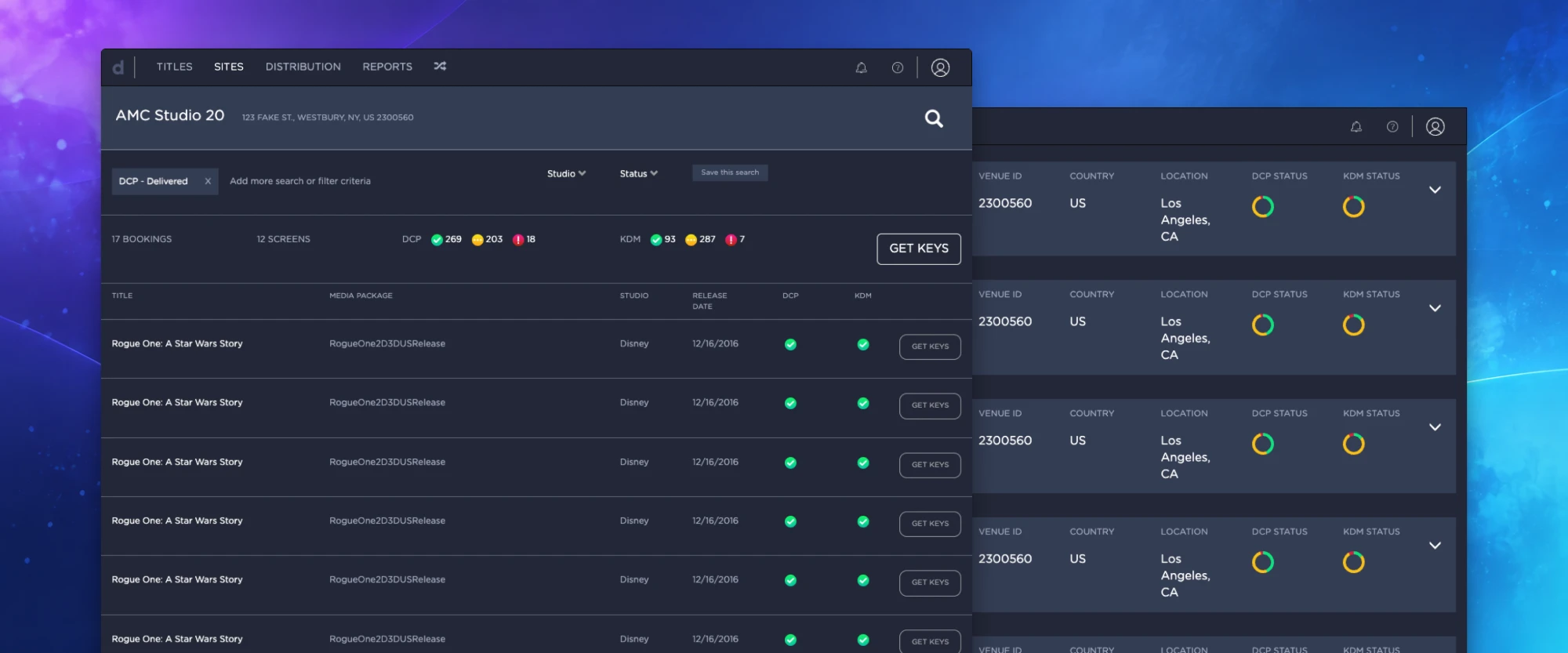 A theatre's bookings, filtered by delivery status, with key and package columns