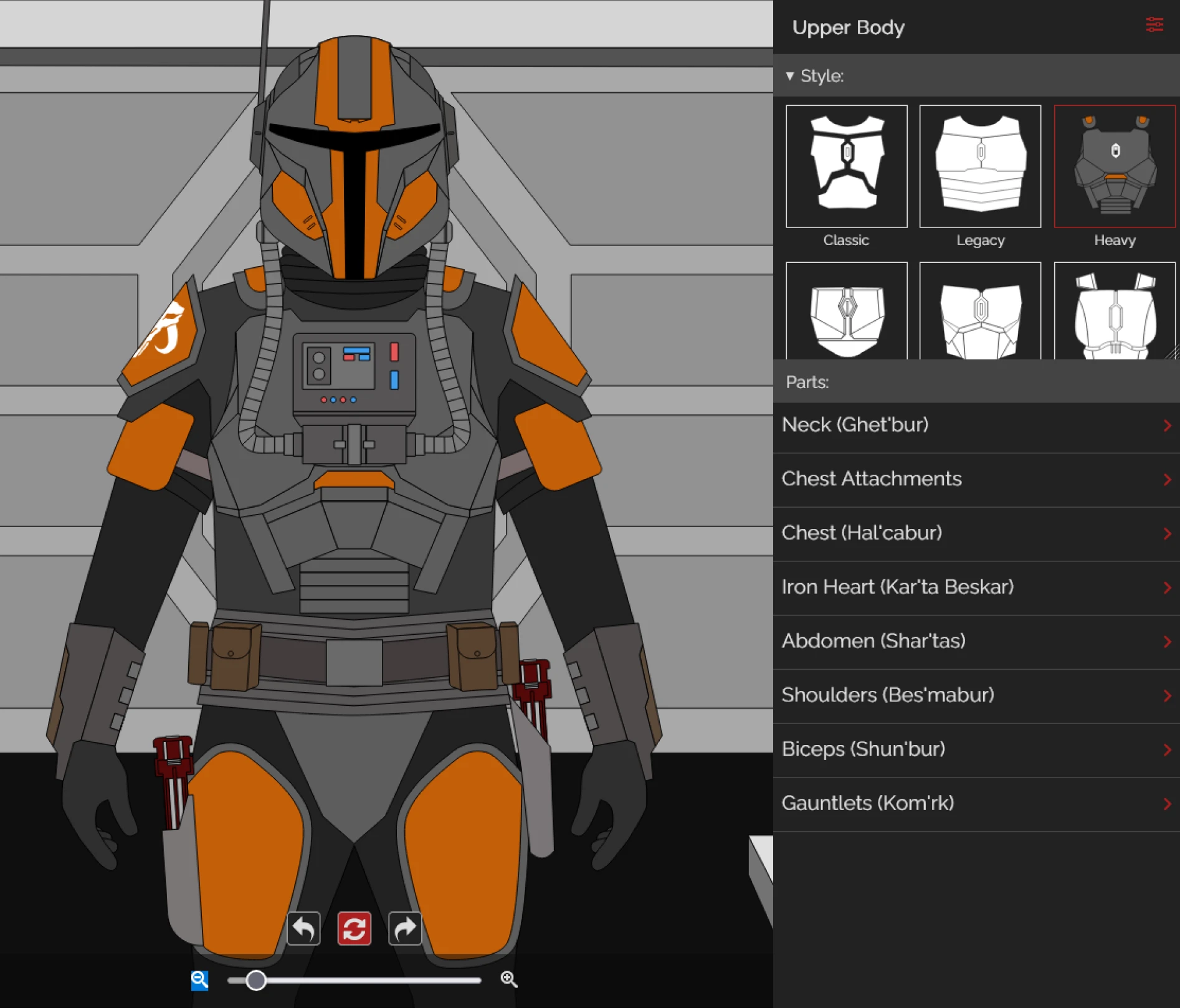 The upper body builder: armor styles above a list of every part that can be swapped