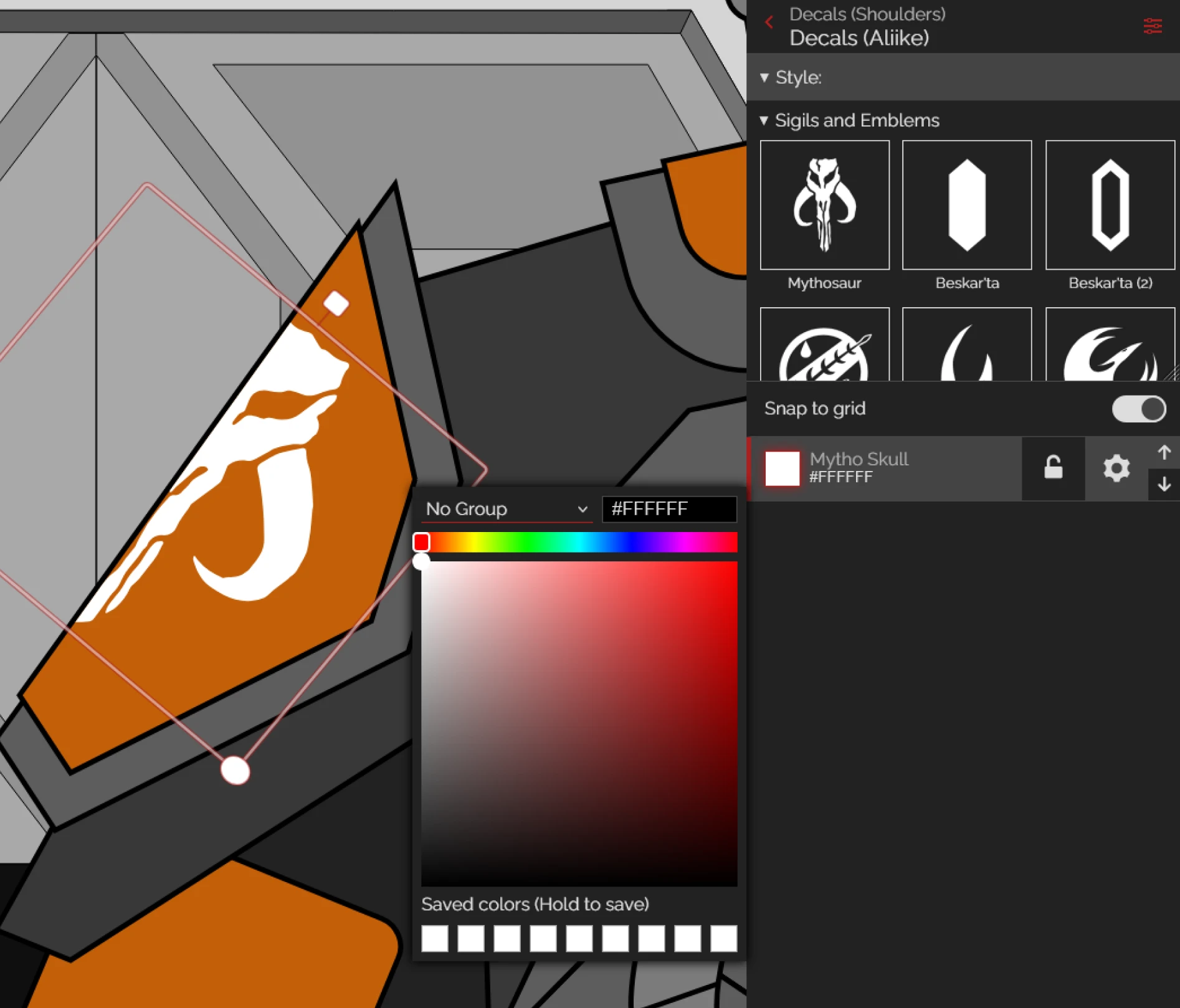 Placing a decal on a shoulder plate and picking its color