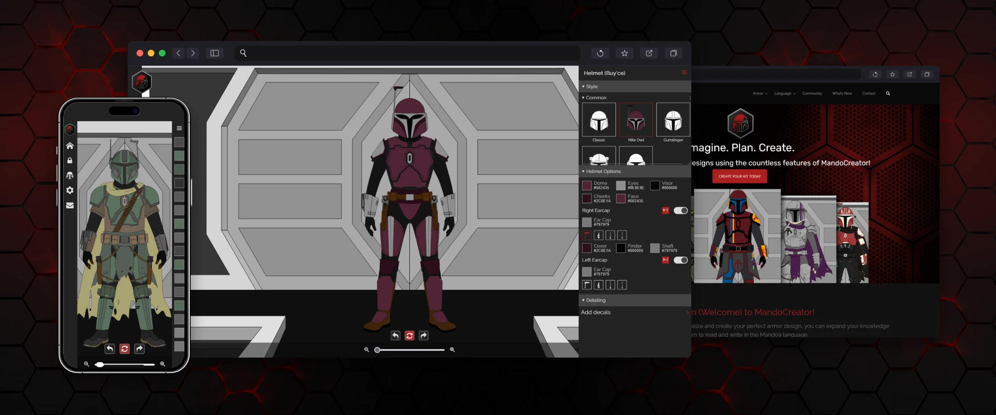 The MandoCreator armor builder on phone and desktop