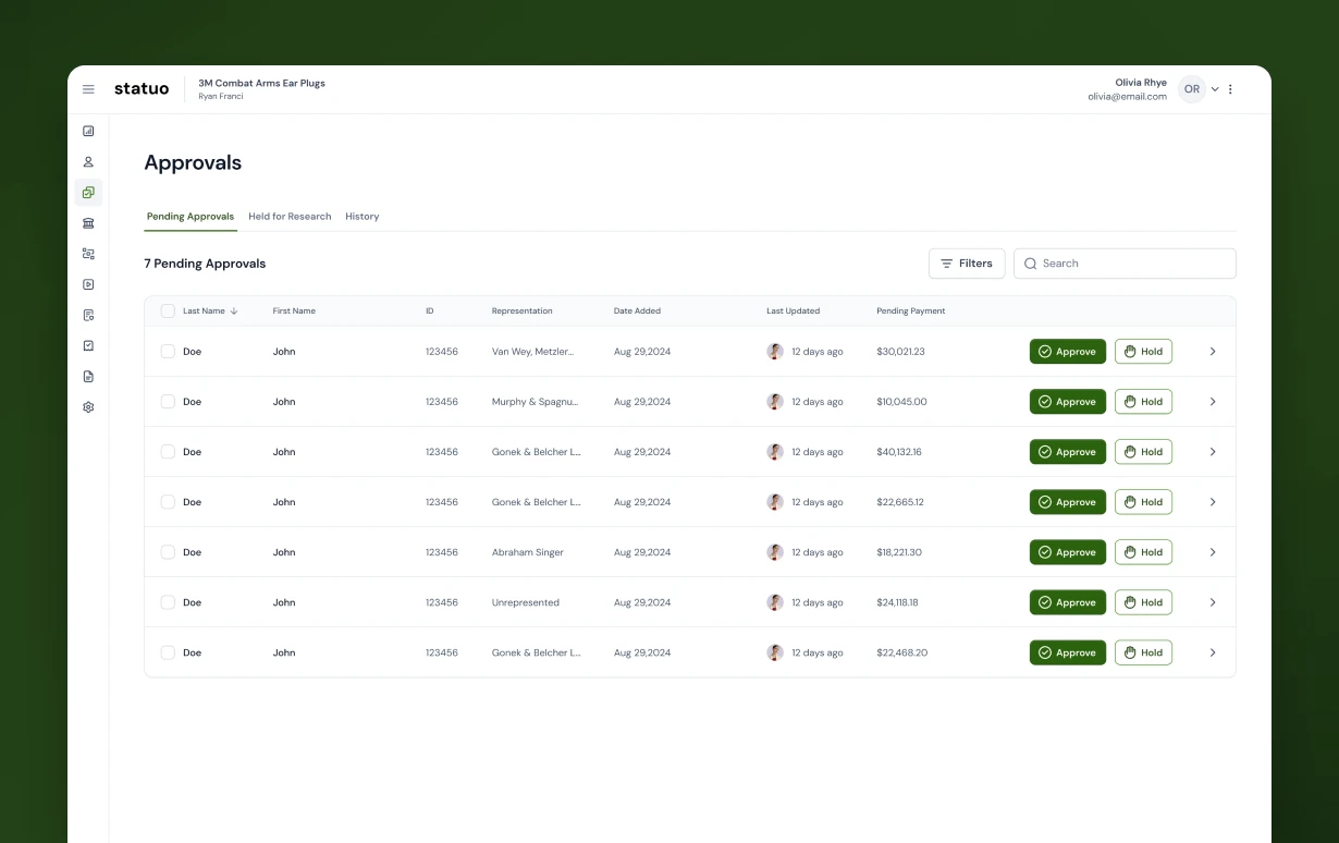 Pending approvals, each row offering approve or hold on a pending payment