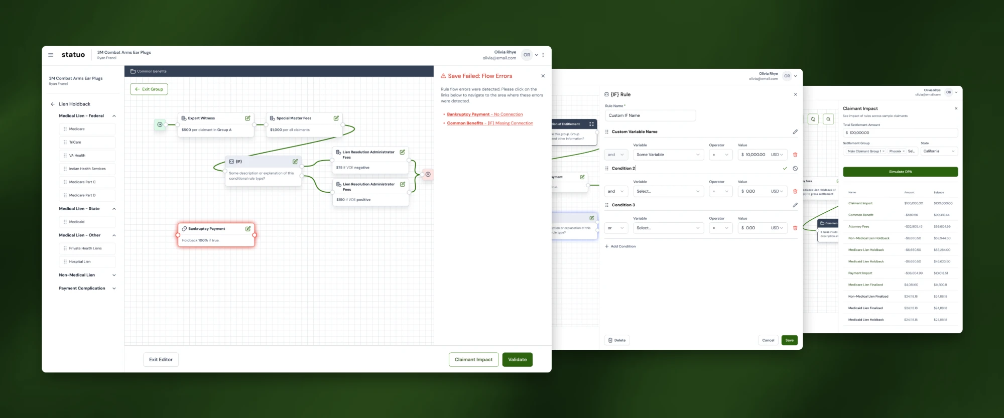 Editor screens layered together: a rule group, its flow errors, and a condition panel