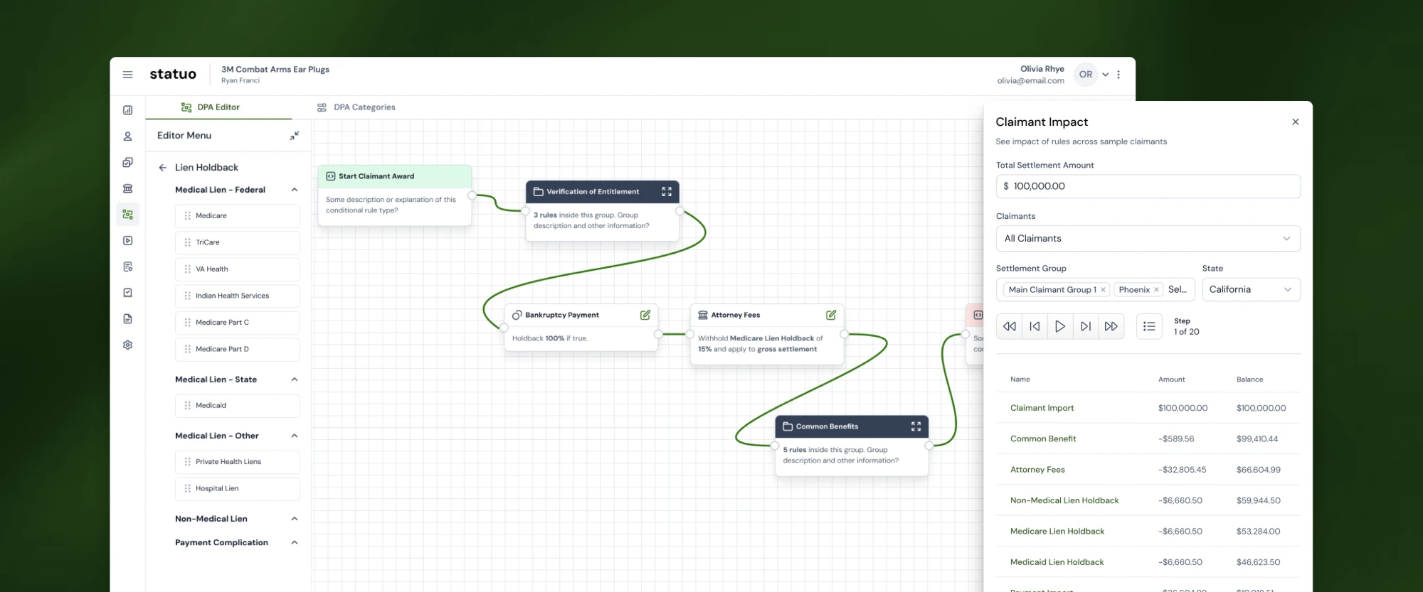 The Statuo DPA Editor with its Claimant Impact panel