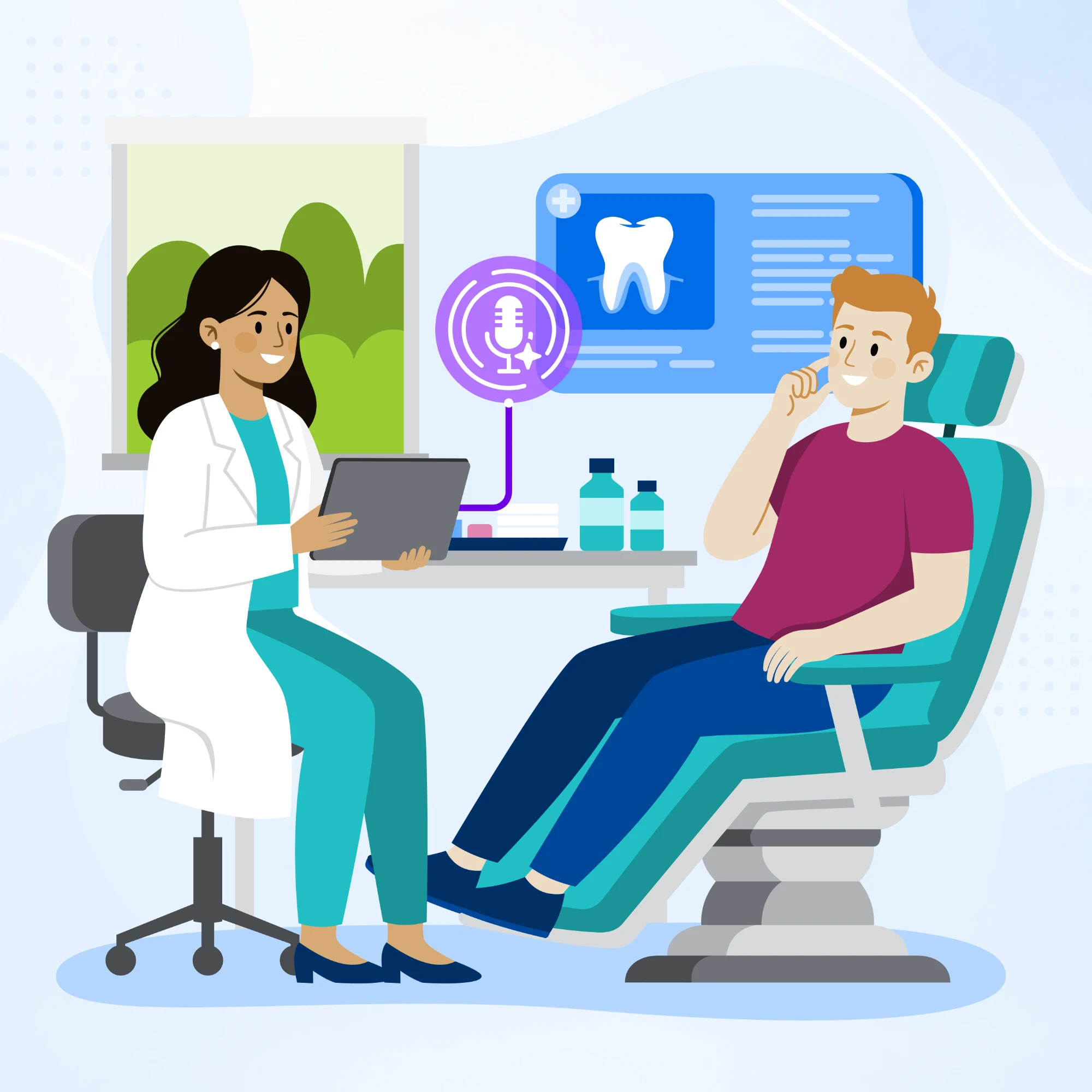 A dentist with a tablet beside a patient in the chair, a microphone listening between them