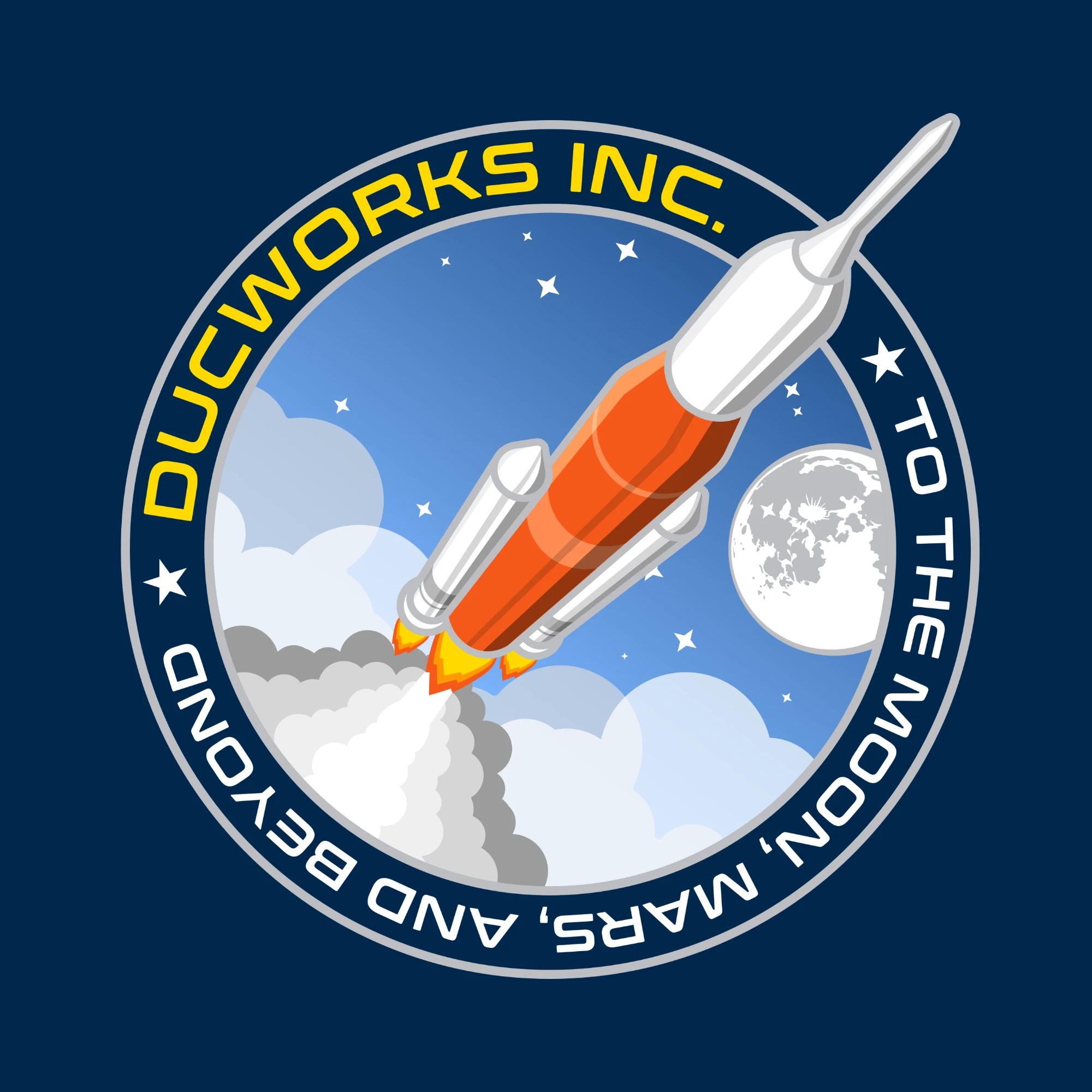 A mission patch: a rocket climbing past the moon, ringed by the Ducworks Inc. name