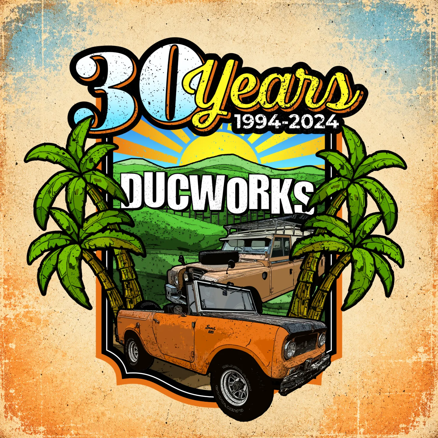 A weathered badge marking thirty years of Ducworks, with two vintage trucks under palms