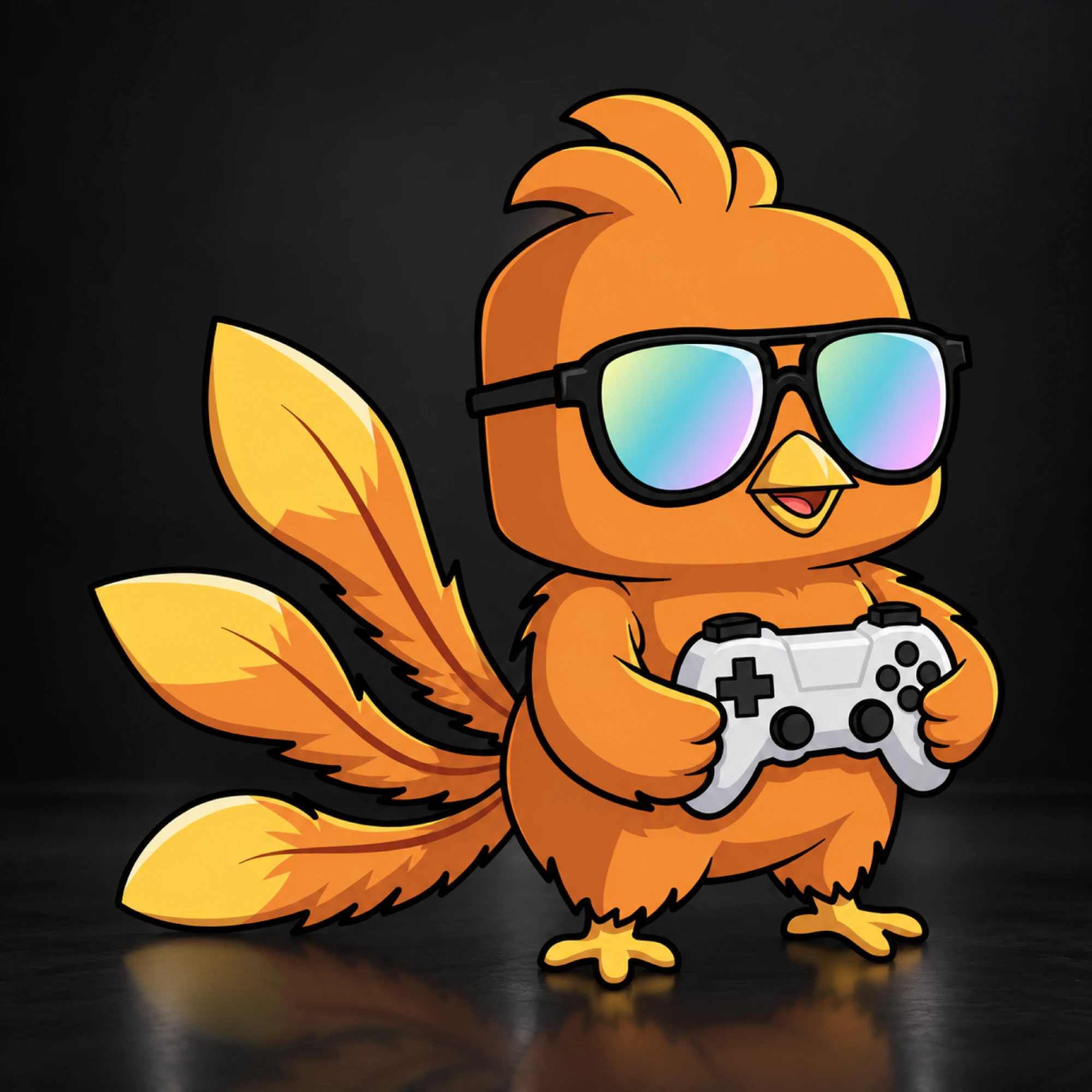 An orange bird mascot in mirrored sunglasses, holding a games controller