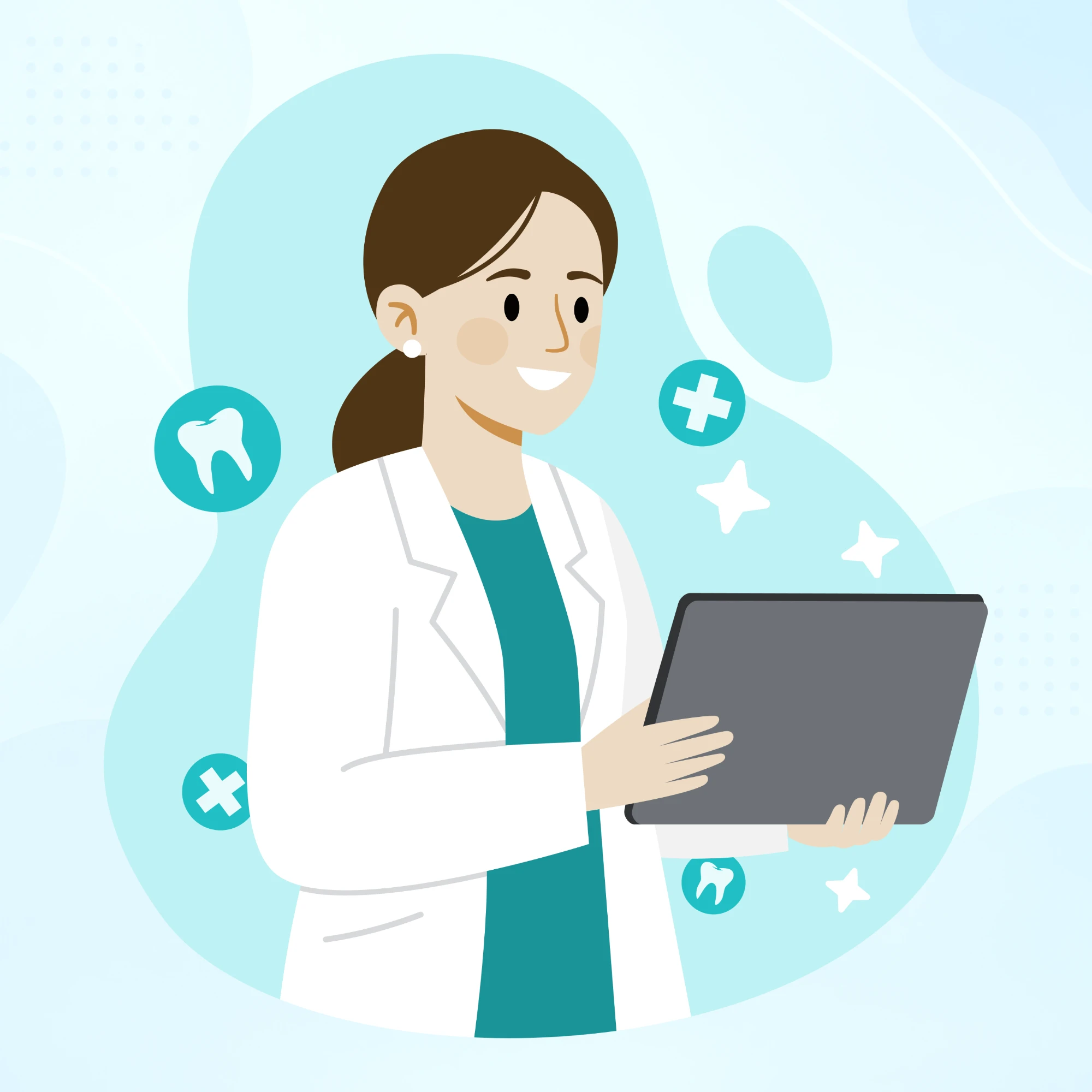 A smiling provider holding a tablet, ringed by tooth and cross icons