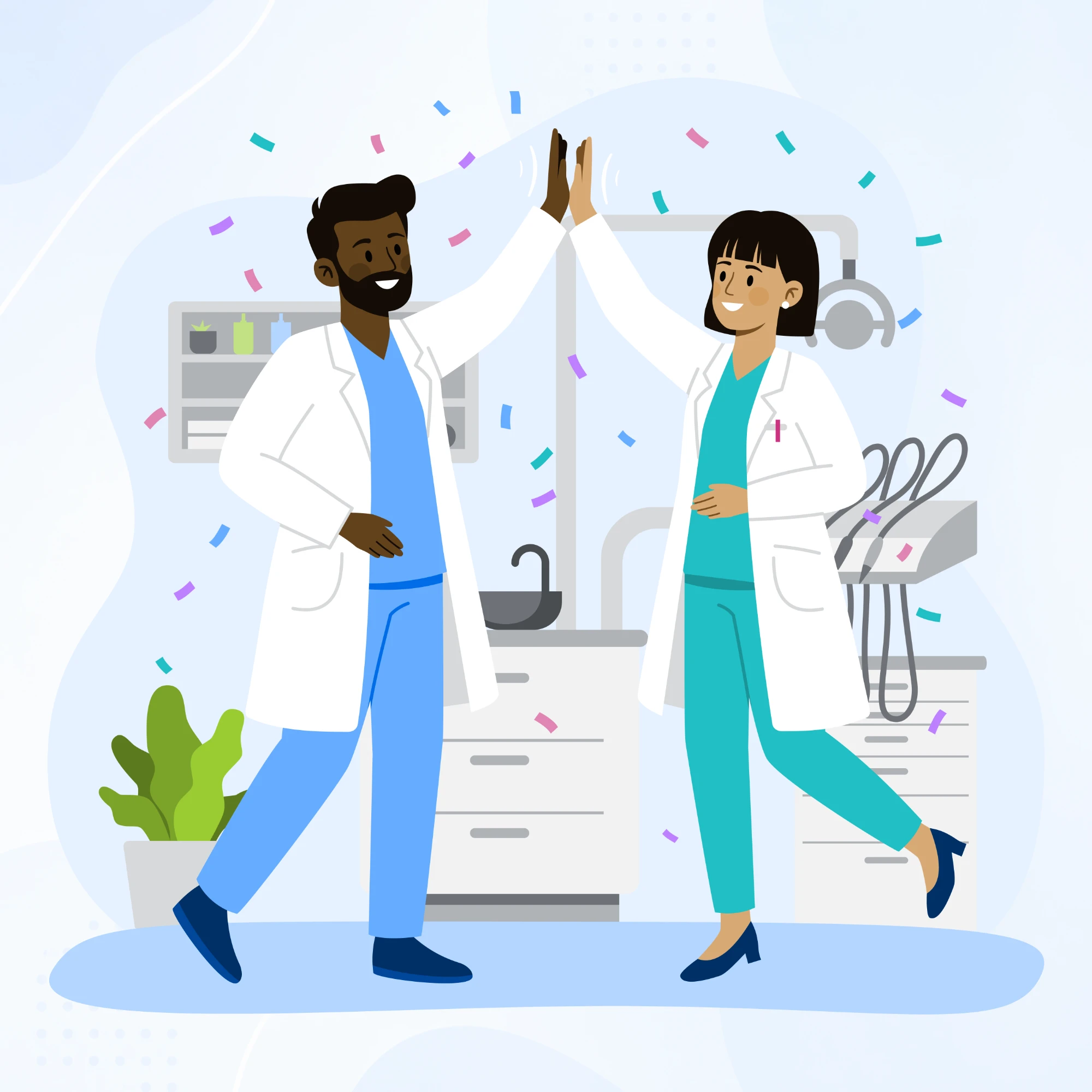 Two dental colleagues high-fiving under falling confetti